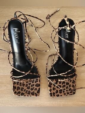 Mixx Shuz Leopard Print Lace-Up Heeled Sandals - Black & Brown